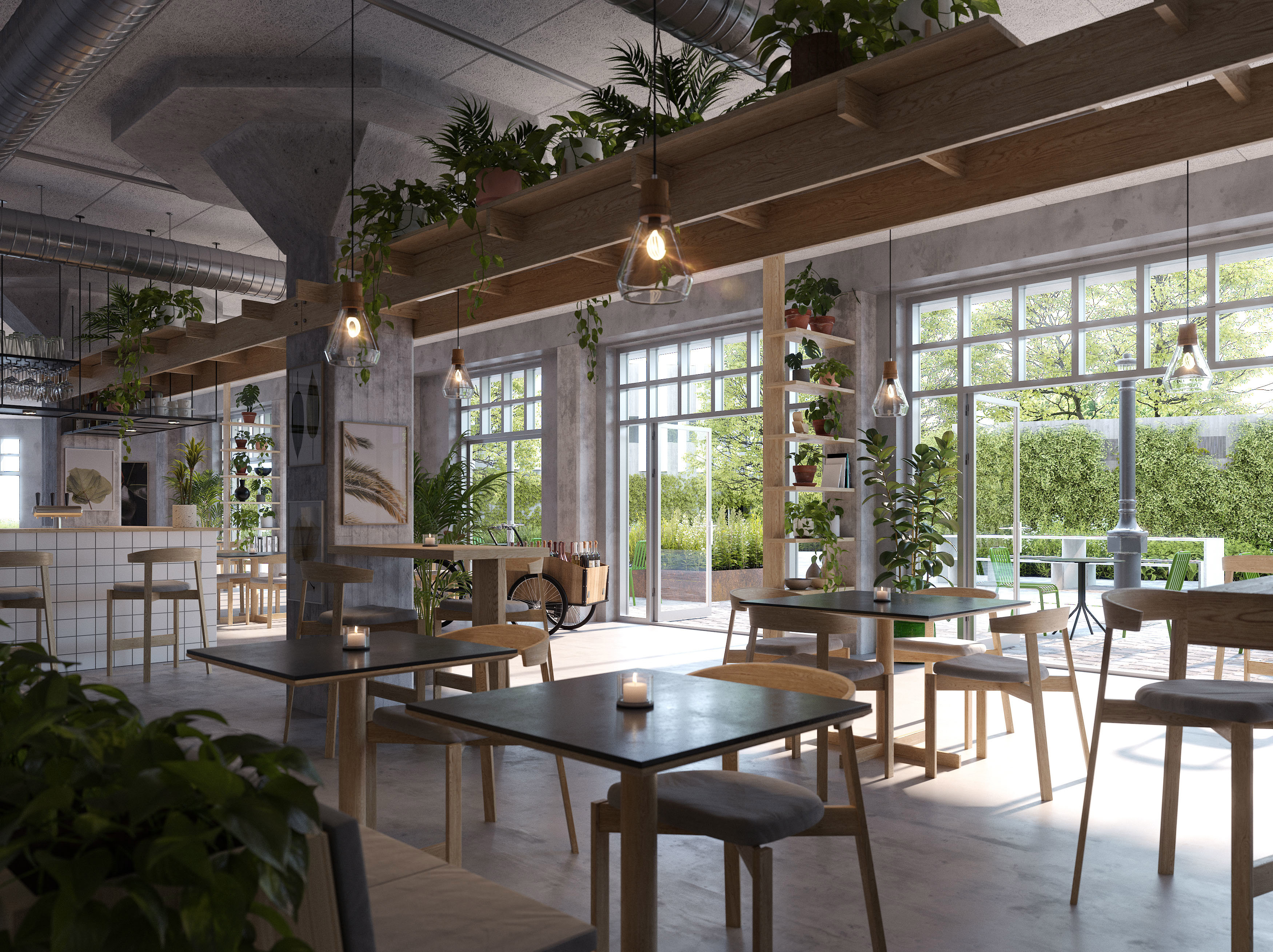 Visualisering af cafe på Mindet 6 eksisterende i Aarhus 2023