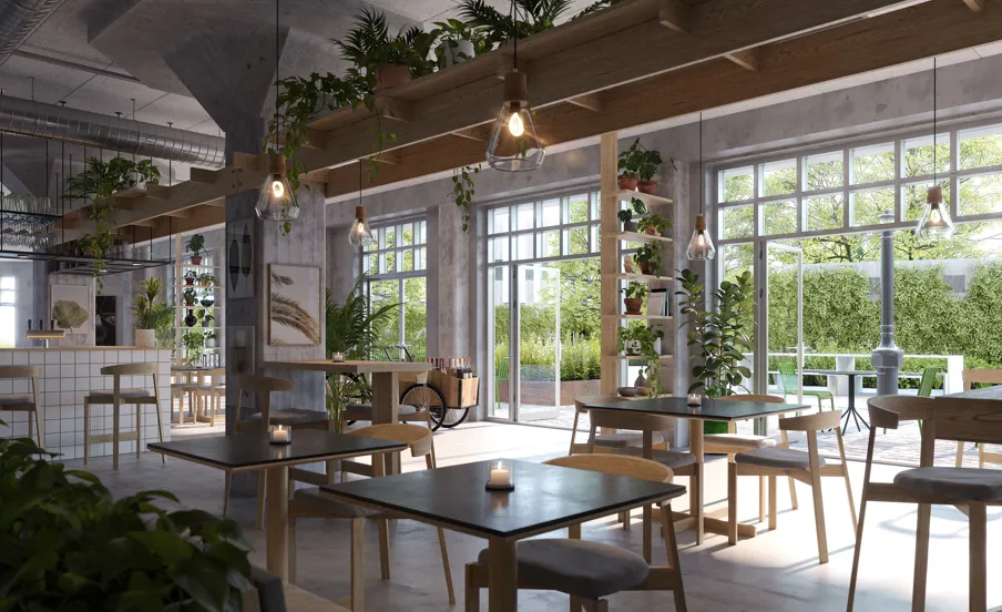 Visualisering af cafe på Mindet 6 eksisterende i Aarhus 2023