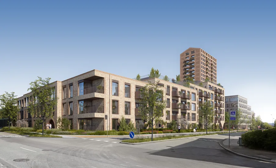 Visualisering af facade på KatrineTorvet i Aarhus set fra nord 2022