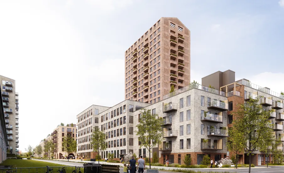Visualisering af facade på KatrineTorvet set fra syd i Aarhus